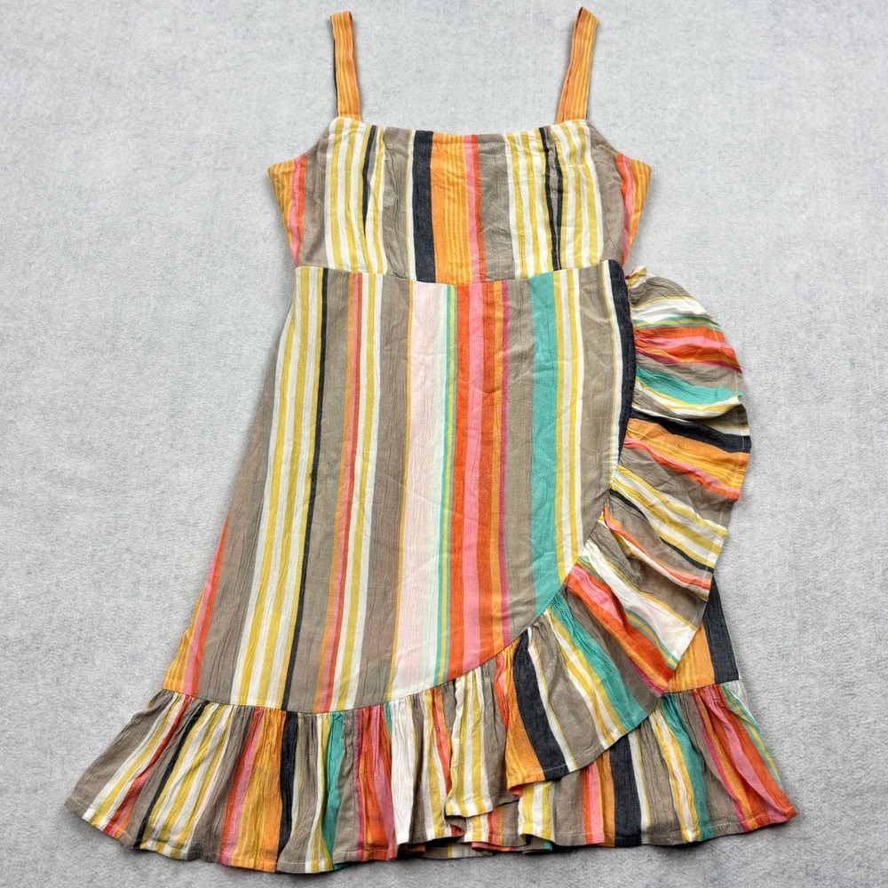 ONeill Dress Womens Small Multi Stripe Ruffle Wrap Sundress Rayon Beach Midi New